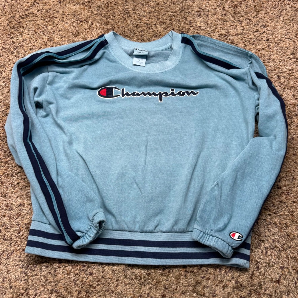 Champion Womens Medium Light Blue Cold Shoulder Striped Sweatshirt Embroidered